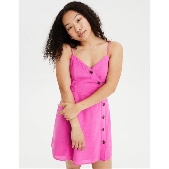 AMERICAN EAGLE Sleeveless Button Down Mini Dress In Bright Pink - Picture 1 of 5